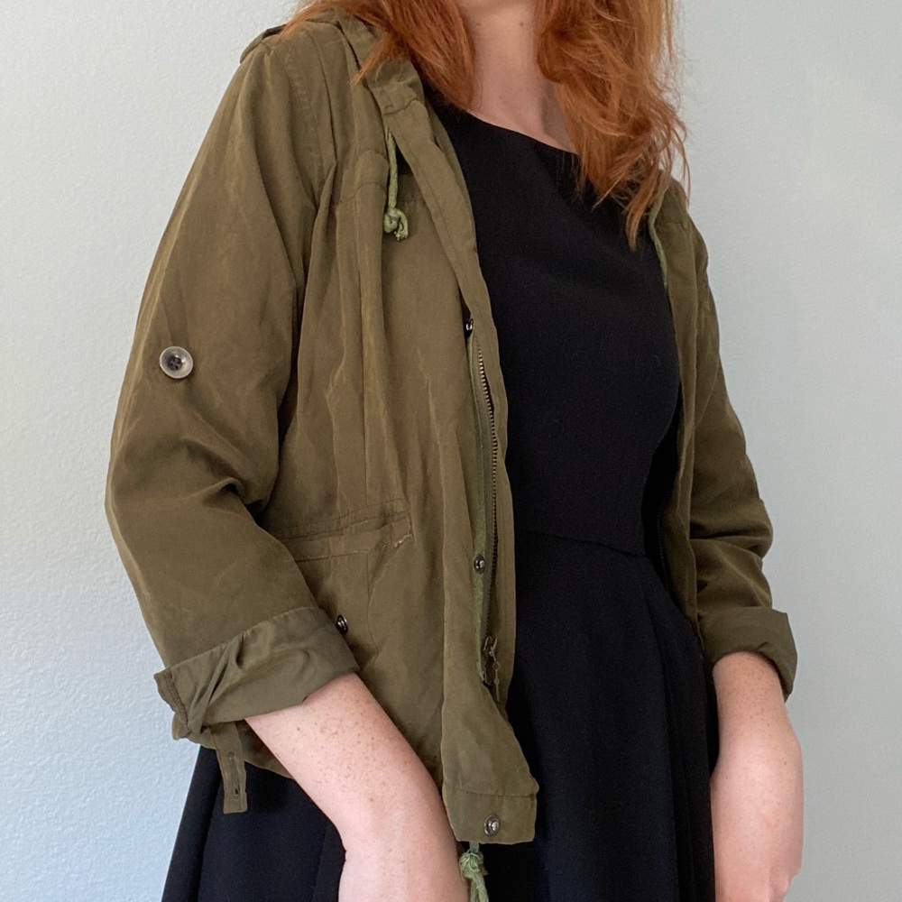 Lightweight khaki green jacket with hood